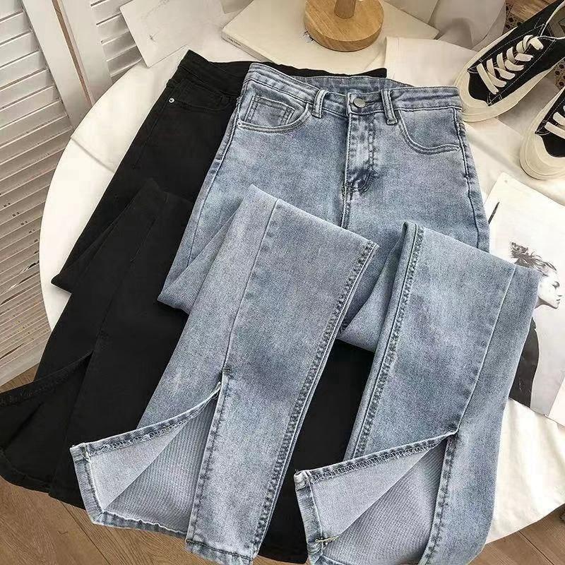 Versatile pants leg slit high waisted elastic Jeans for women, new micro flared wide leg pants for summer