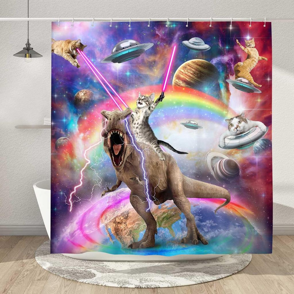 Funny cat shower curtain, cool and funny shark fantasy space anime shower curtain, funny fabric bathroom curtain set