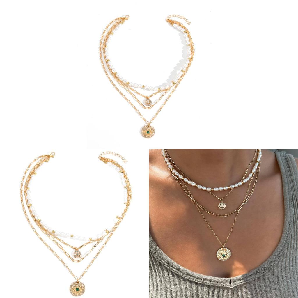 Layered Alloy Chain Necklace With Smile Face And Evil Eye Design For Ladies