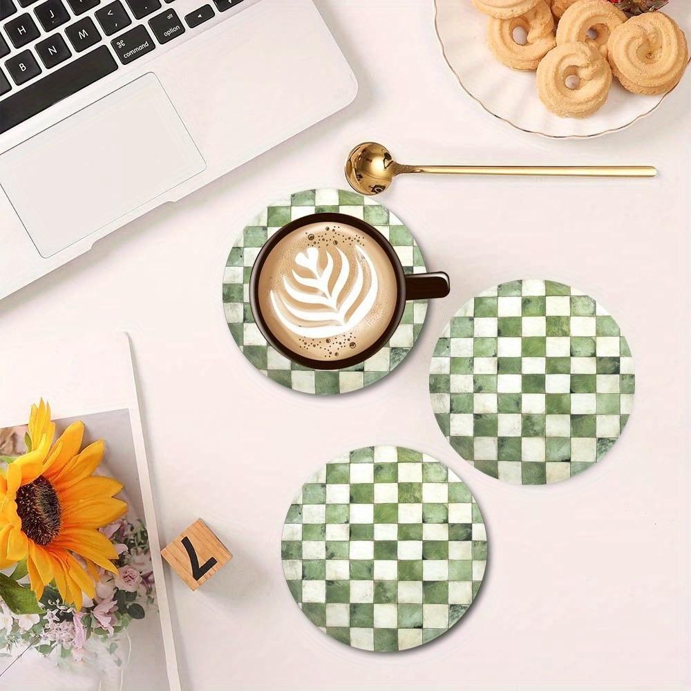 6 Pcs/Set Round Lampwood Coasters Classic Green Mosaic Cork Inserts Nature Inspired Decorative Tripod Coasters for Home