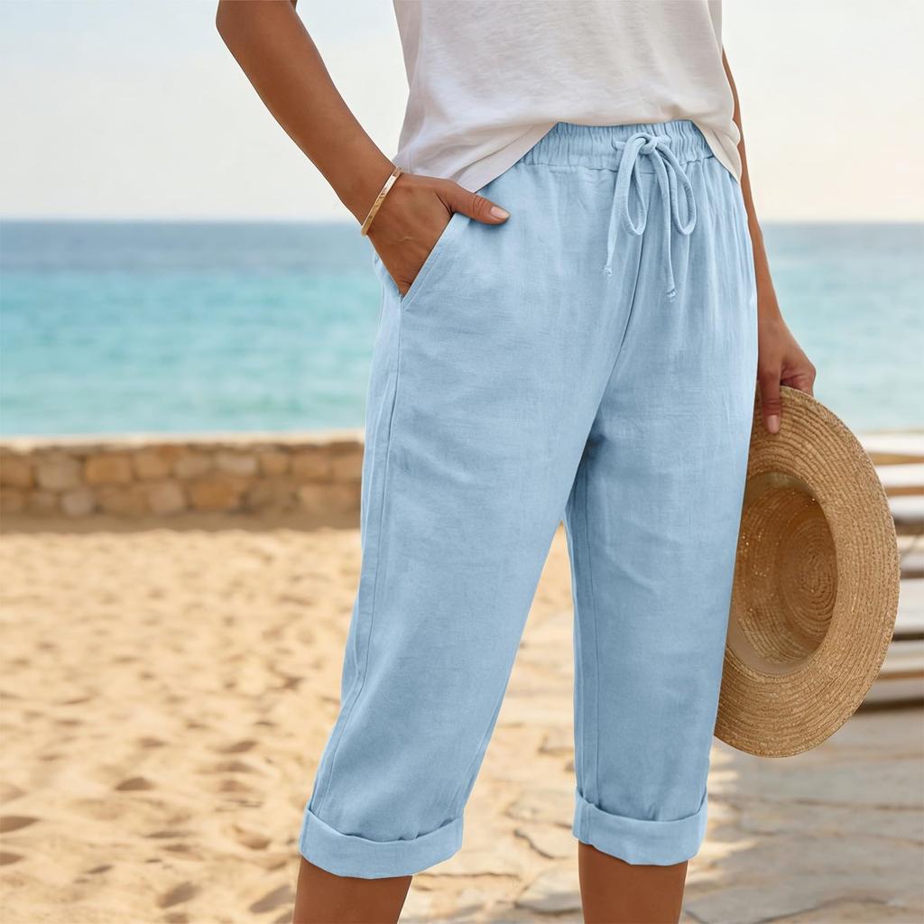 Women Drawstring Waist Linen Capri Pants with Pockets Loose Fit Lightweight Cropped Trousers for Casual Daily Wear