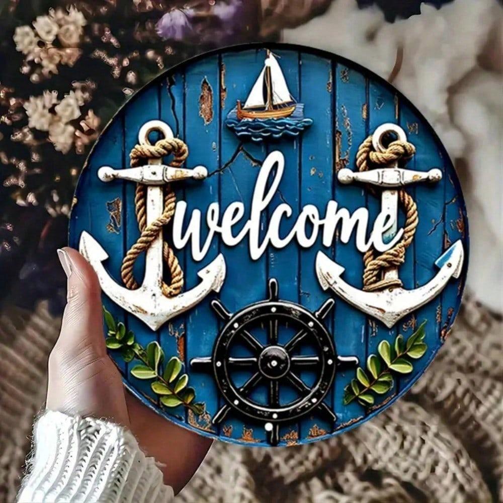 Vintage Nautical Metal Wall Art, 7.8" Round Ship Anchor Sailboat Sign, Coastal Home Decor