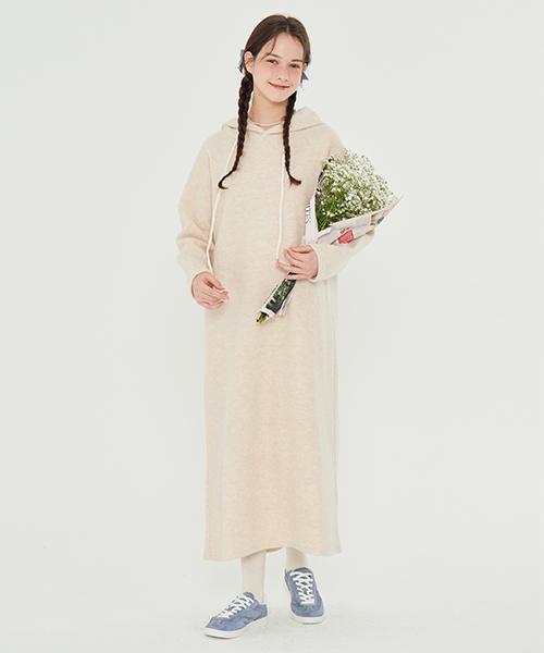 Metapeo Minimal Wool Knit Hooded Dress Beige