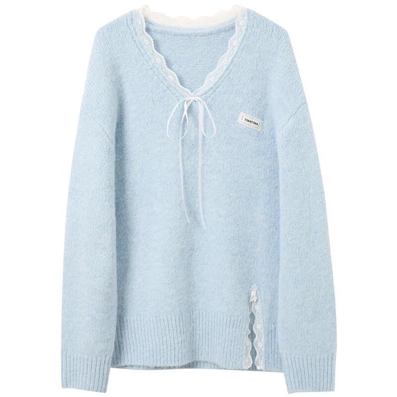 Sancai Lace Trim V-Neck Knitted Pullover Top