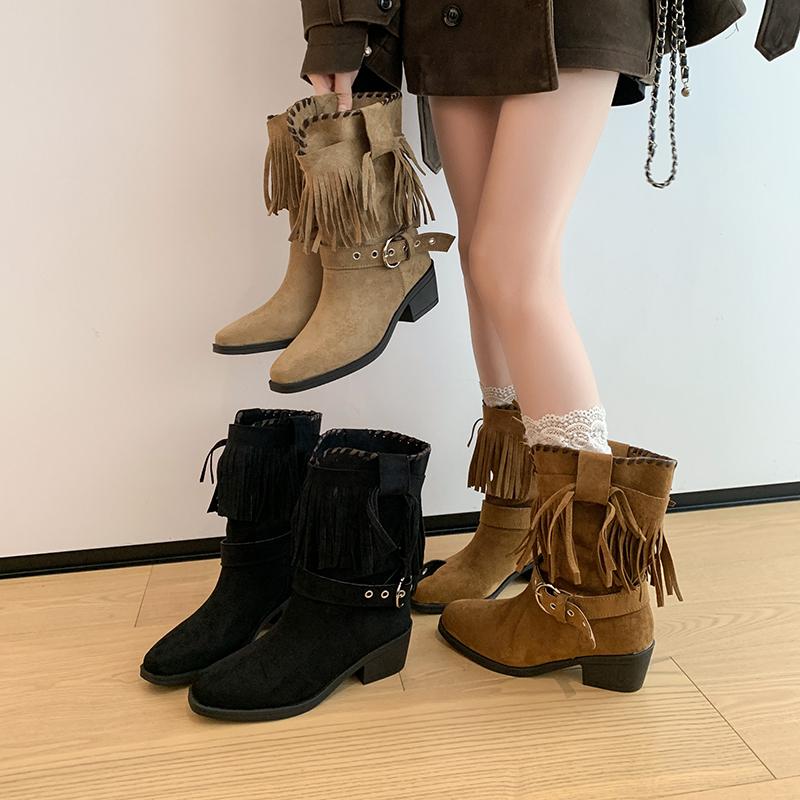 Fashion Small Man Retro Pointed Toe 2025 Women's Mid-Leg Boots Block Heel Booties