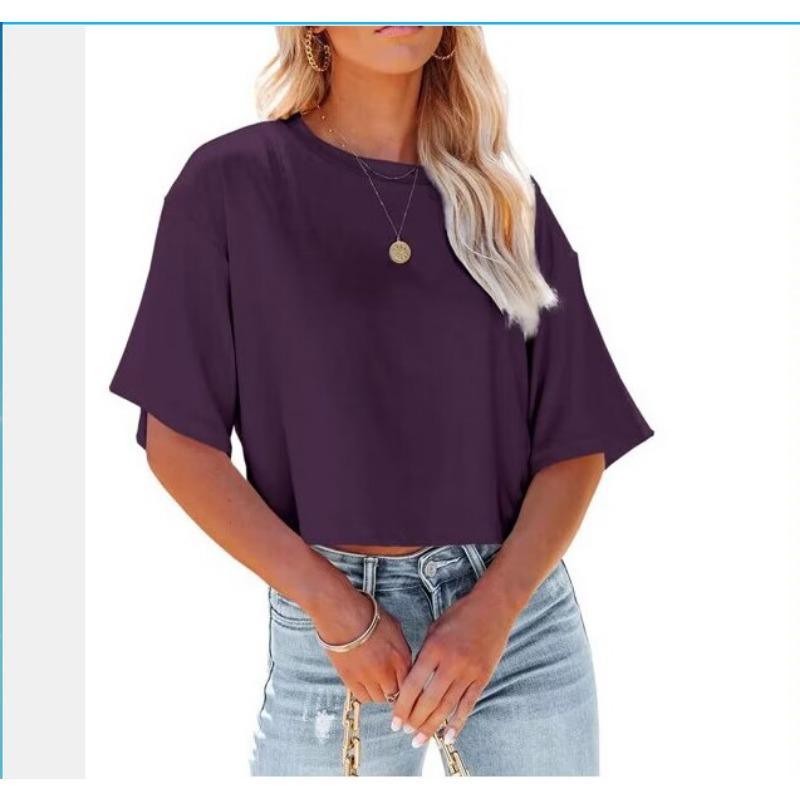 

Весенняя новая женская одежда, однотонная свободная футболка с круглым вырезом и короткими рукавами, а также короткий сексуальный топ с пупком XXL темно-фиолетового