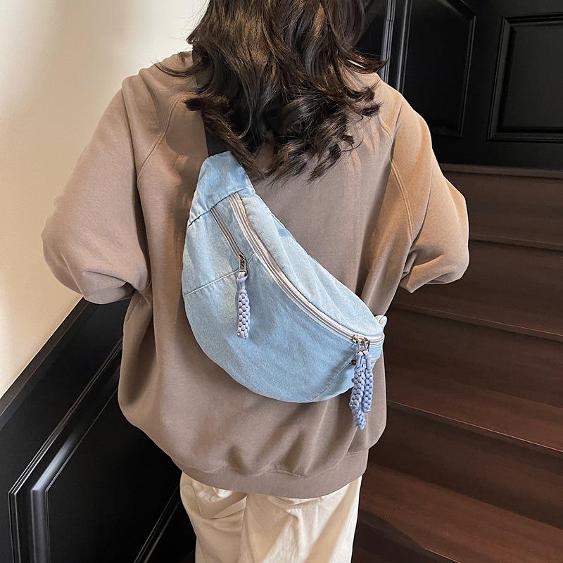 Breast bag women's super fire versatile denim messenger bag boys street trendy fanny pack sports cycling casual shoulder bag