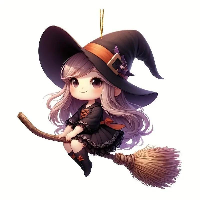 Car Acrylic Halloween Decoration Pendant Cartoon Witch Broom Supplies Interior