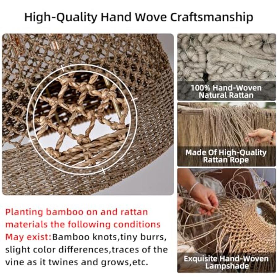 19 Rattan Pendant Light Hand-Woven Rustic Wicker Hanging Light 3-Light Seagrass Ceiling Chandelier Oval Water Plants Rattan Cha