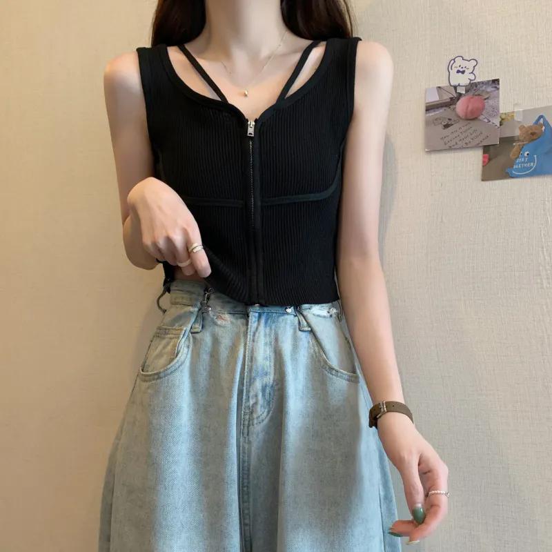 

WTEMPO Женские универсальные майки без рукавов на молнии, весна-лето, большие размеры, однотонные, повседневные жилеты-камизолы One Size чёрный