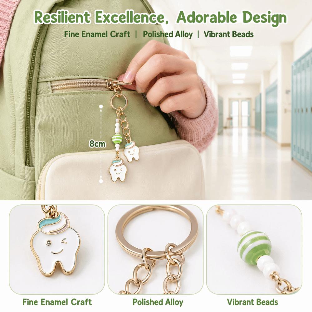 Pearl Accent Enamel Tooth Keychain Kawaii Design Key Ring Pendant Handbag Accessories