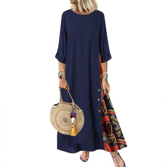 

Plus Size Women Vintage O Neck 3/4 Sleeve Side Buttons Printed Loose Long Dress XL синий