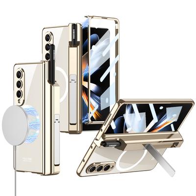 Magnetic Plating Bracket With Pen Phone Case For Samsung Galaxy Z Fold 4 5G Camera Screen Protection Shockproof Cover Fundas