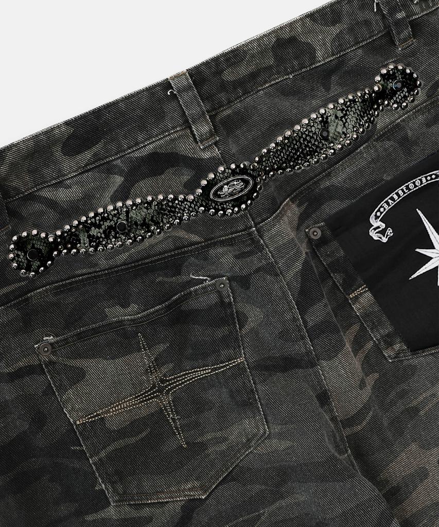 BADBLOOD Viper Gemstone Curved Pants - Green Camo