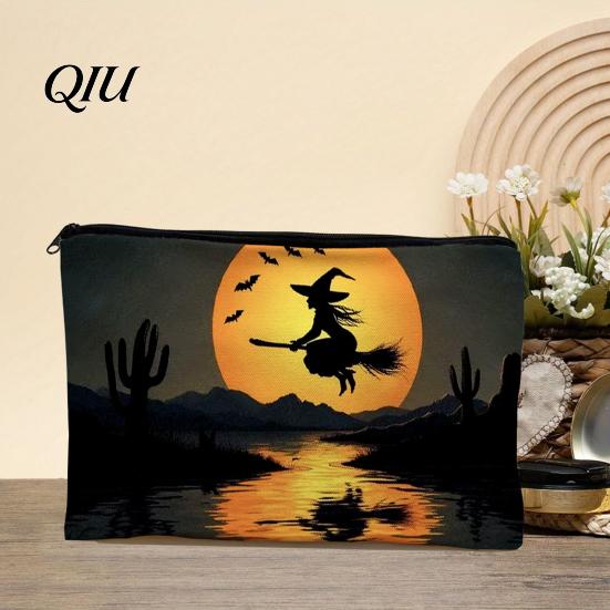 Smooth Zipper Storage Pouch Bag, with Halloween Pattern Printed, Ghost Design Bag Canvas Makeup Large Capacity Travel Cosmetic Wear-resistant