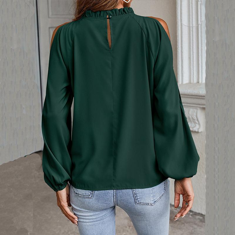 Top da donna primaverili ed estivi Camicia a foglia di loto tinta unita Girocollo Manica lunga Camicetta con spalle scoperte pieghettata termoretraibile