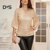 Women Top Shiny Sequin Hollow Out Three Quarter Horn Sleeve Solid Color V Neck Loose Pullover Soft Breathable Lady Commute Prom Blouse