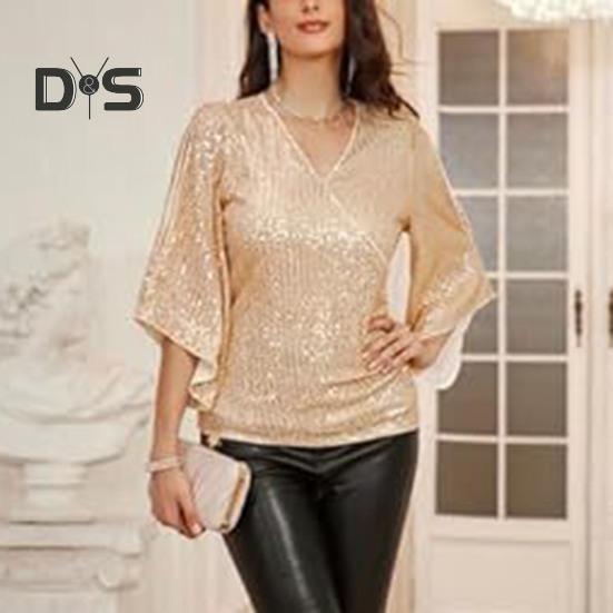 Women Top Shiny Sequin Hollow Out Three Quarter Horn Sleeve Solid Color V Neck Loose Pullover Soft Breathable Lady Commute Prom Blouse
