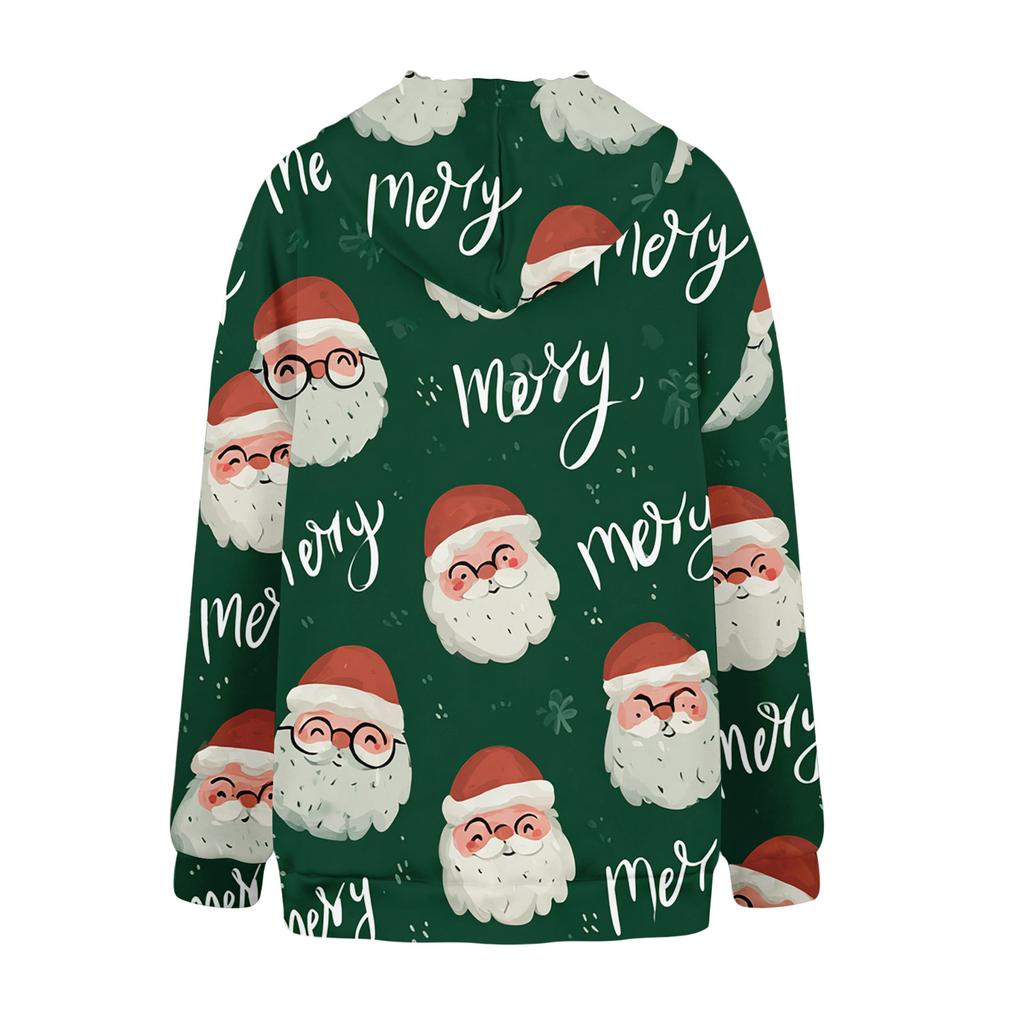 Women's Fashionable Casual Long-Sleeved Christmas Print Fleece-Lined Thick Hooded Sweatshirt