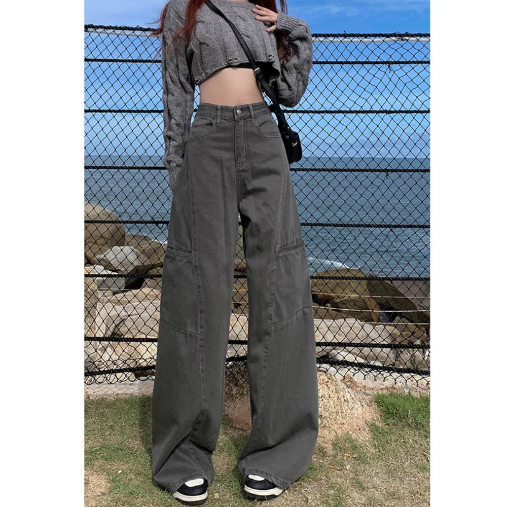 

Korean version overalls women s spring and autumn new loose and thin high waist multi-pocket casual wide-leg mopping pants tide XL светло-серый