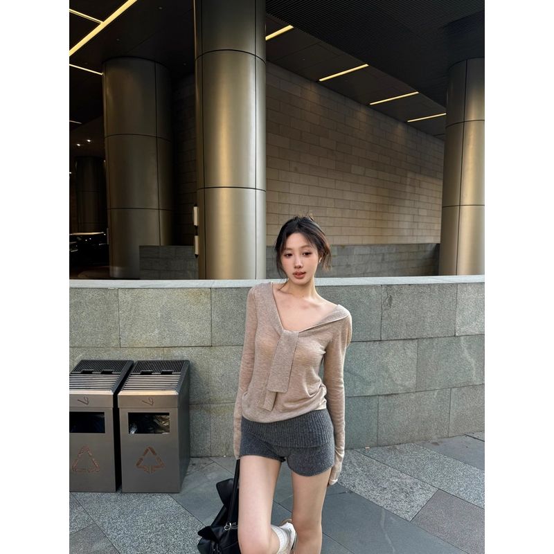 Kumikumi Pure Desire Set Lace-up Temperament Long sleeve Knit Women Autumn High Waist Slimming Casual Pants Two-piece Set