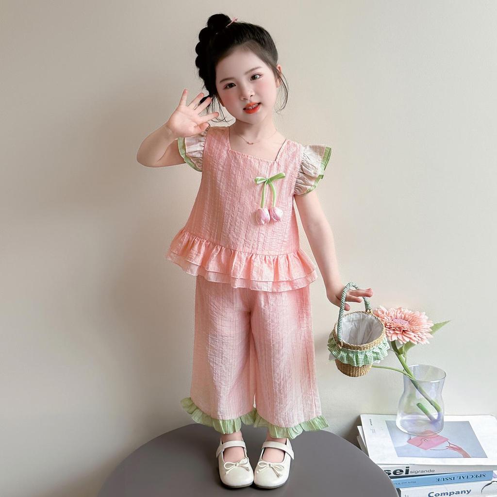 2026 New Girls' Summer Style: Fashionable Solid Color Lace Two-Piece Set with Small Puff Sleeves for Small and Medium Children