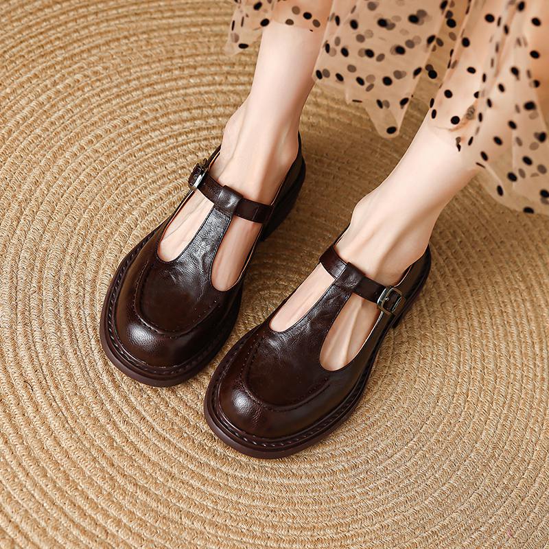 Krazing Pot Sheepskin Round Toe Size 42 Thick Med Heels Slip on Platform Gladiator Metal Buckle Autumn Pumps