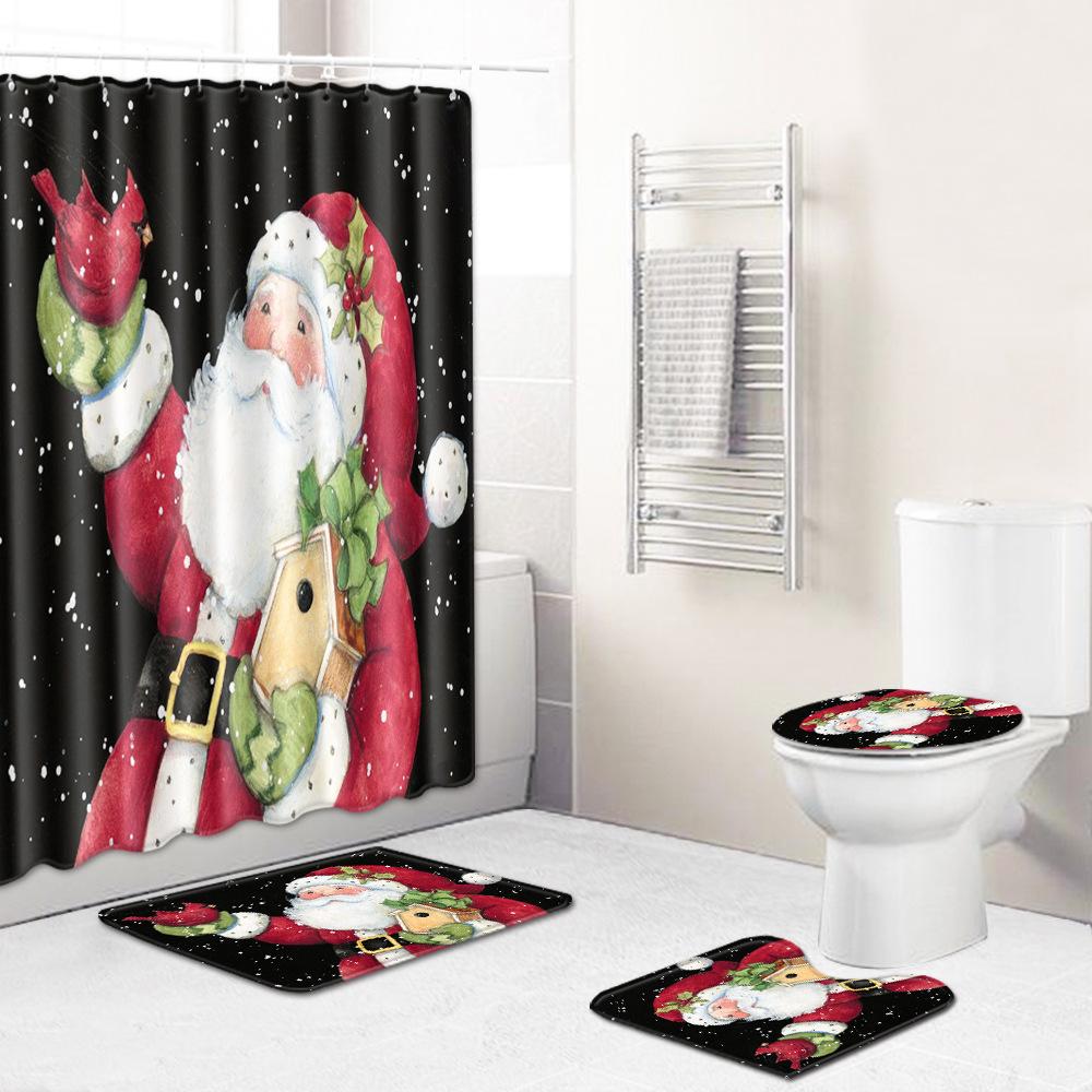 Christmas Shower Curtain Floor Mat Combination Four-Piece Set Bathroom Non-Slip Mat Toilet Absorbent Door Mat Carpet