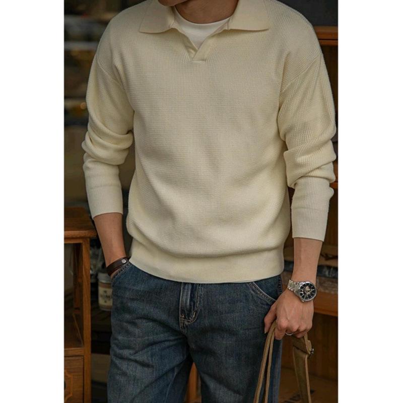 Men's Retro Heavyweight Knit Pullover Polo Sweater for Autumn/Winter