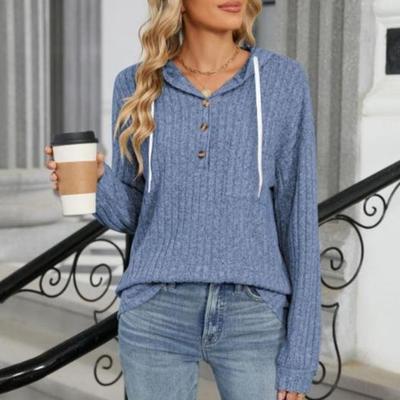 Autumn and Winter Women's Solid Colour Button Hooded Pocket Loose Long Sleeve Sweatshirt
