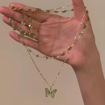 Green Butterfly Double-layer Stacked Necklace Women's Light Luxury Niche High-end Neck Chain Fashionable and Exquisite Versatile Collarbone Chain