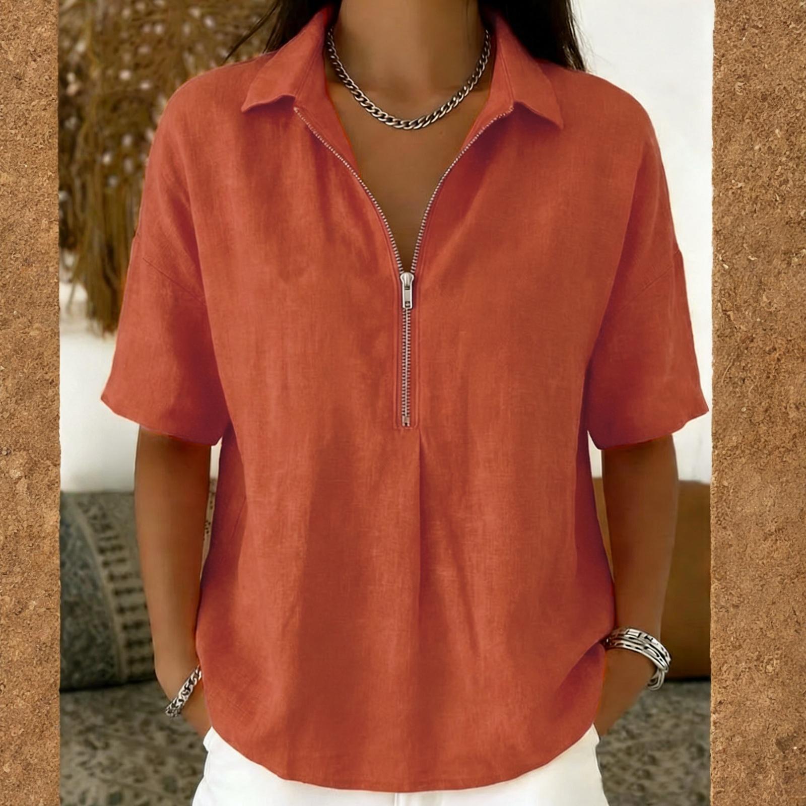 

Women s Fashionable Loose-Fit Short-Sleeve Casual Shirt With Half-Zip XXL помаранчевий