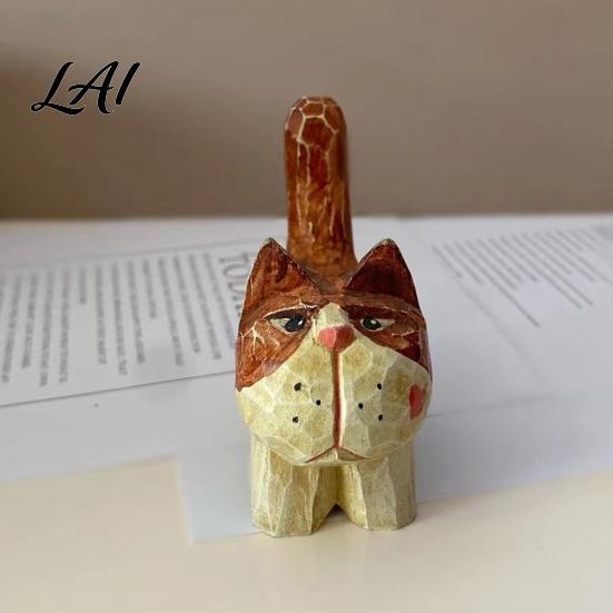 Handmade Wood Cat Ornaments Tabby Figurine with Painting Hand Carved Basswood Retro Style Wooden Animal Sculptures Statue Art Ornament for