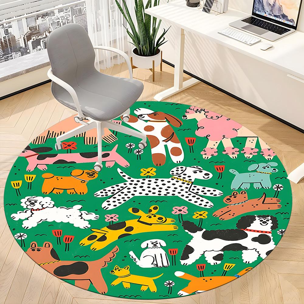 1PC Dogs Garden Office Round Area Rug, Mat Suitable For Office, Under Office Chairs Bedroom Living Room Home Decor, Room Deco
