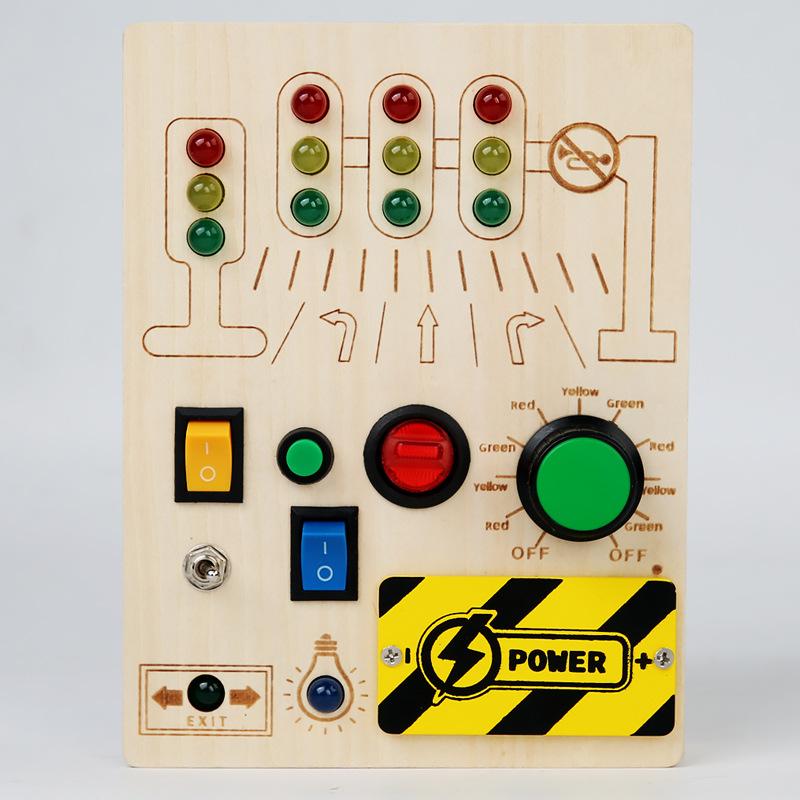 Wooden busy board circuit LED light simulation socket switch unlocking teaching aids life skills cognitive toys