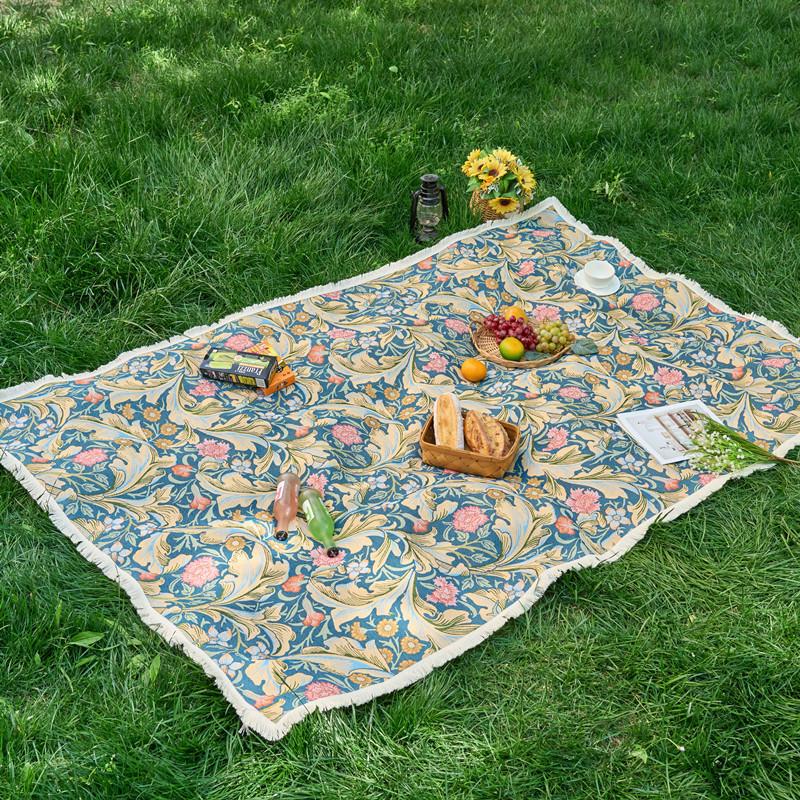 Wind Polyester Cotton Color Woven Jacquard Plant Flower Fringed Tablecloth Rectangular Outdoor Camping Picnic Mat Photo