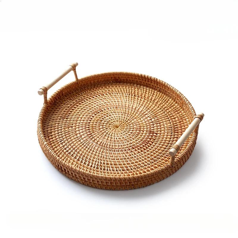 

Хранение хлеба из ротанга Плетеный круглый поднос для фруктов Поднос для пикника Бинауральный поднос Отделка стола в гостиной Тарелки для хлеба Деревянная ручка