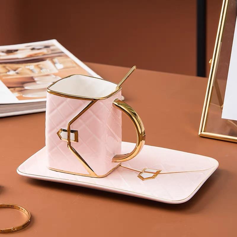 Luxury European Ceramic Coffee Cup Set – Bag Shape Mug with Saucer & Spoon