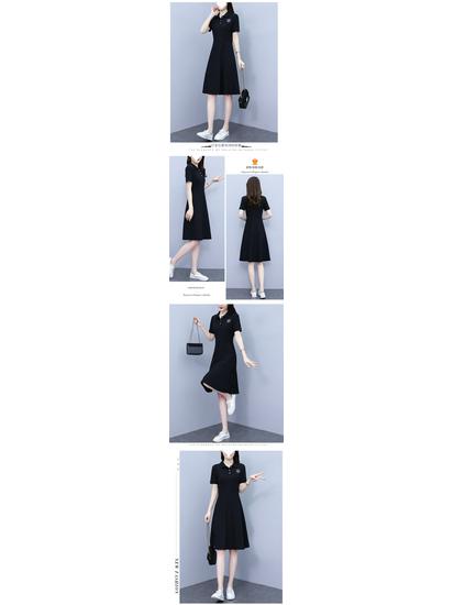 Women's Summer Embroidered Black Polo Collar A-Line Dress - Slimming & Fashionable Casual Sporty Style