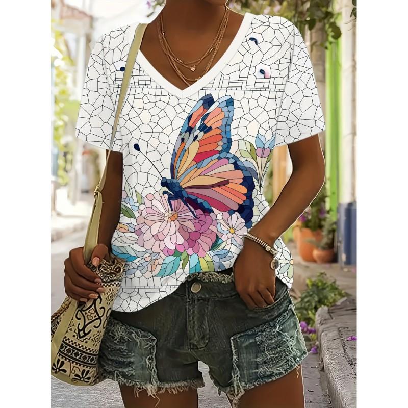 Womens V-Neck Short Sleeve T-Shirt With 3D Printed Striped Loose Fit Casual Chic Top 2025
