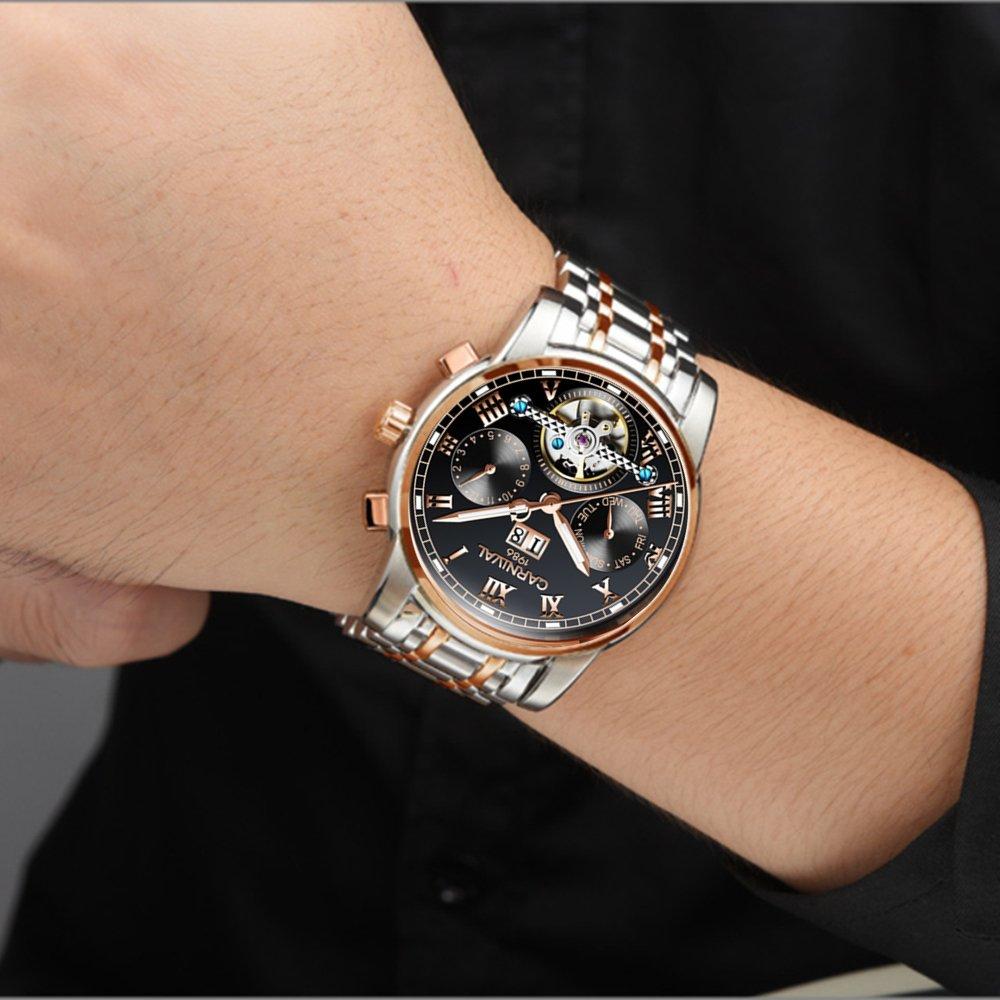 8759G Uhr Uhr Kalenderanzeige Dekoration [CARNIVAL] Herren [Analog/Mechanisch/Automatisch] (Schwarz/Roségold/Metall) (Datum) Chronographen-Stil