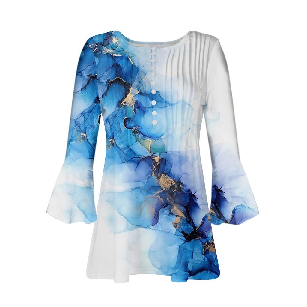 Button-Down-Hemden für Damen, bedruckte Tunika, Sommer-Oberteile, elegante, lässige Glocke, 3/4-Ärmel, V-Ausschnitt, Frühlingsblusen