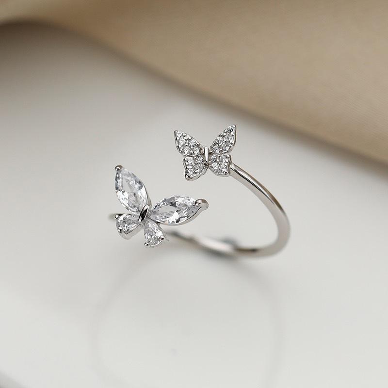 New Fashion 925 Silver Fine Double Butterfly Zircon Adjustable Rings Women&Girl Jewelry Rhinestone wishbone Finger Ring