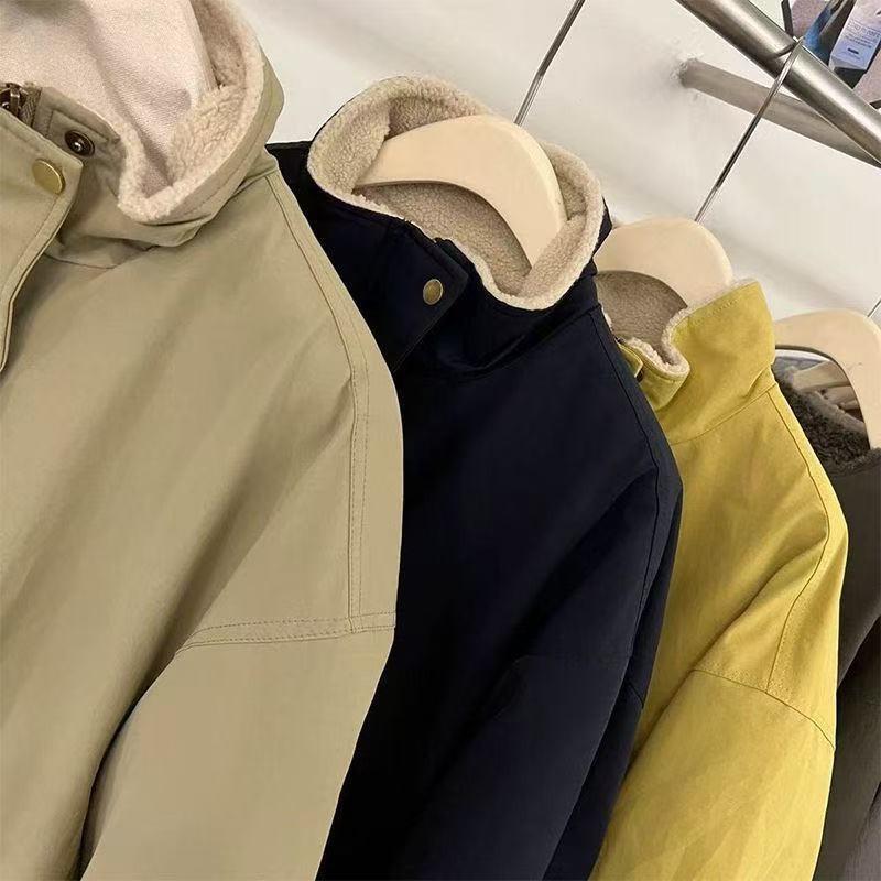 Womens Warm Fleece-Lined Stand Collar Cotton Coat Mid-Length Loose Fit Winter Outerwear