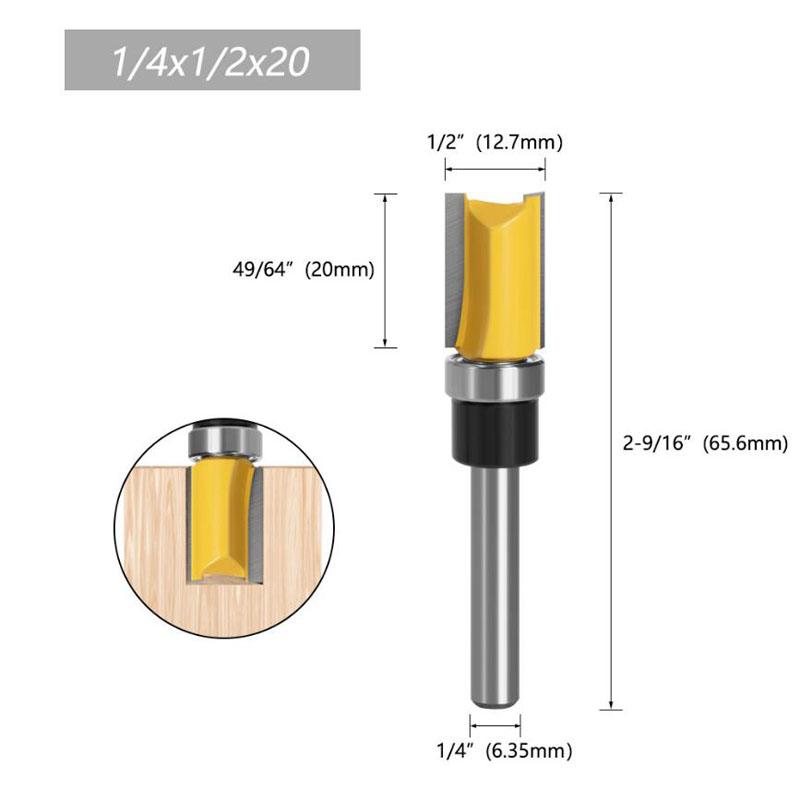 1/3/4ks 1/4 palce 6,35mm šablona stopky oříznutí závěsu Dlabací frézovací bit Fréza s přímým koncem Čištění zarovnávací čepové frézy pro obrábění dřeva
