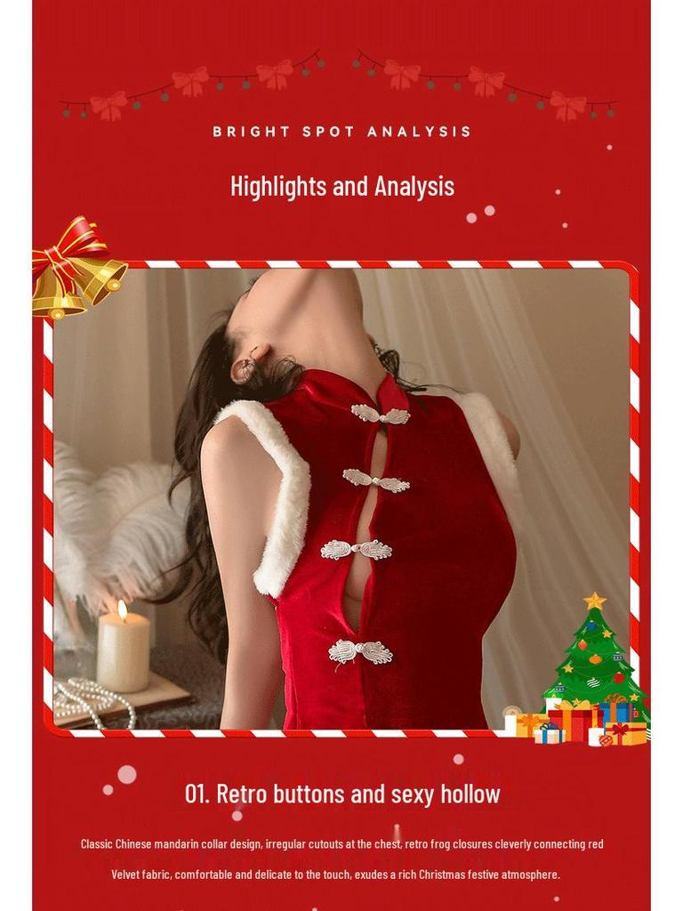 Festive Gold Velvet Christmas Lingerie Qipao Robe for Role Play