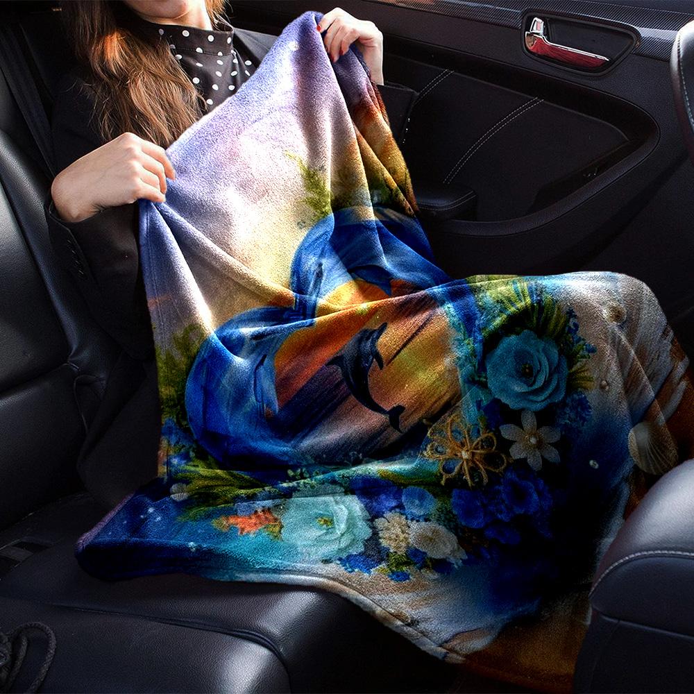 Dolphin Ocean Sunset Print Flannel Throw Blanket, Soft Warm Cozy Blanket for Sofa Bed Couch Home Decoration