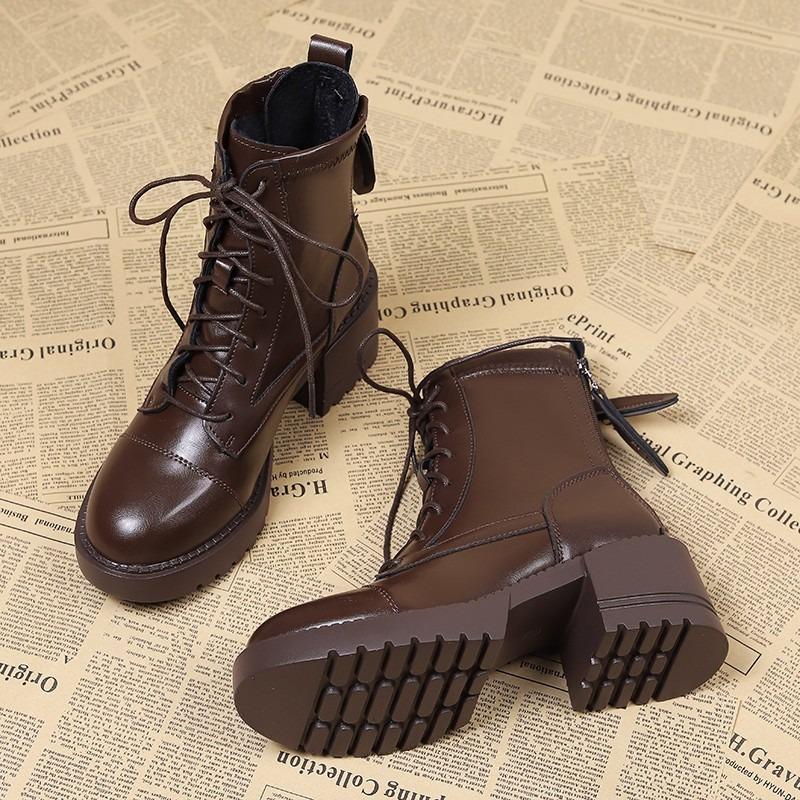 Martin Boots Autumn and Winter New Rear Zipper Platform Fashion Short Boots Show Small Thin Boots Leather Shoes