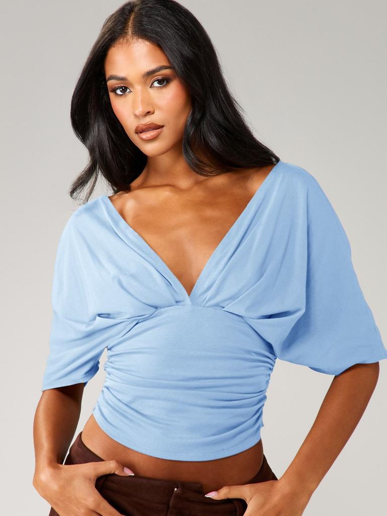 French Light Luxury Deep V Backless Short Sleeve Top Women's Bat Sleeve Waist Folds Premium Sexy Spice T-Shirt