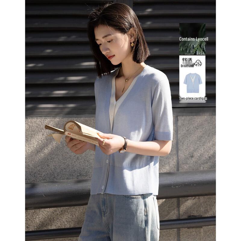 Women s Mulberry Silk Blend Color Block V-Neck Knit Cardigan S